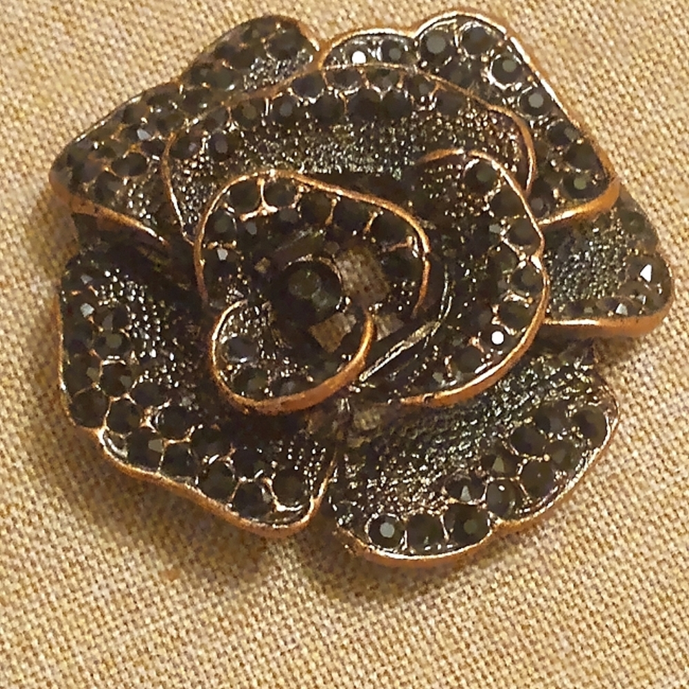Vintage Layered Rose Antiqued Copper tone Pendant, Black Rhinestones
